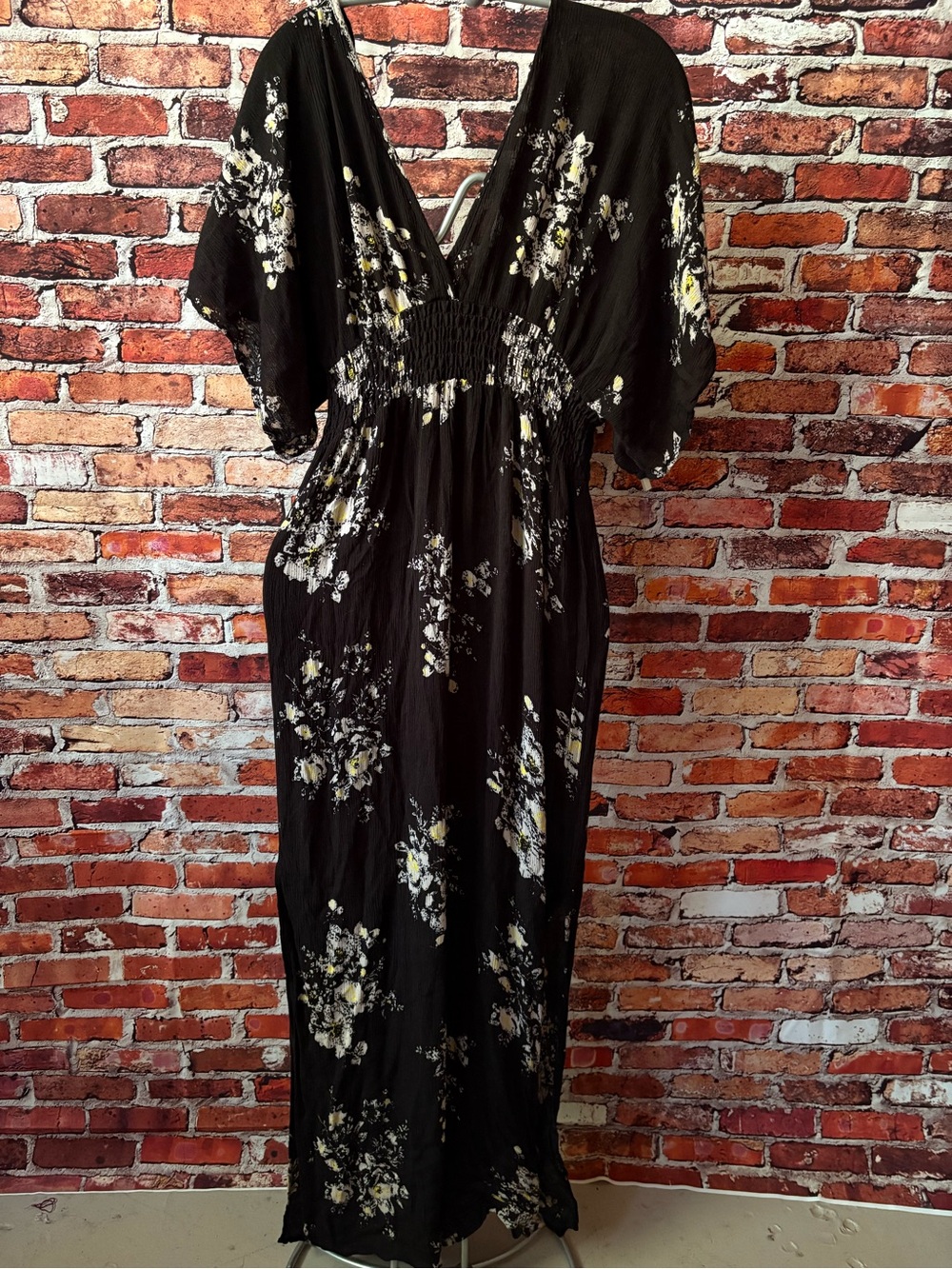 lovestitch Boho Kimono style Black Floral Maxi Dress Yellow-White Accents M/L